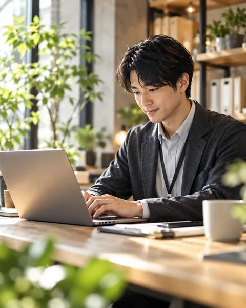 店舗の一角で、パソコンを使って業務を支援する若手スタッフ