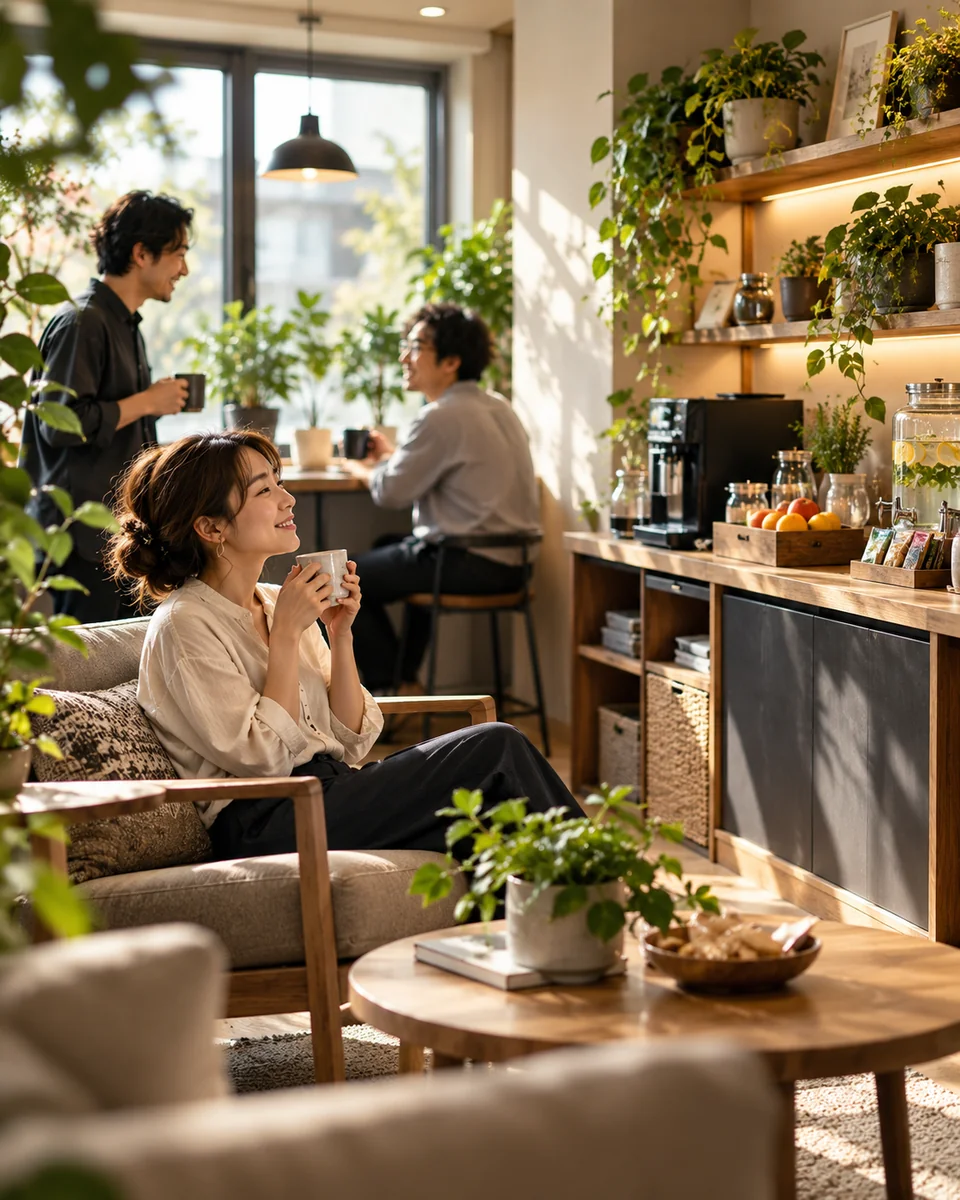 自然光の入るカフェで、お客様を迎えるスタッフ