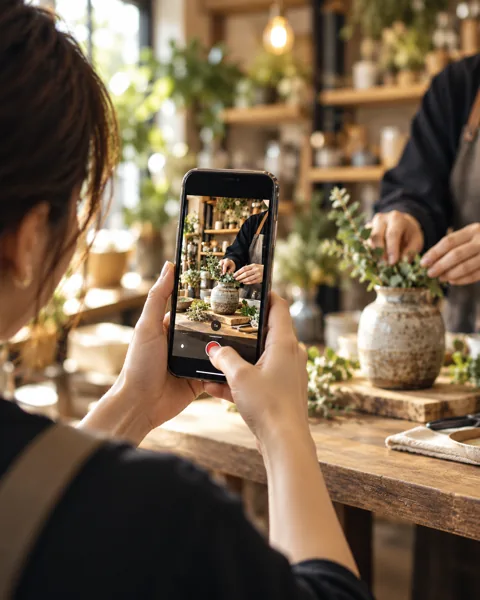 スマートフォンで、仕事風景を動画に収める様子