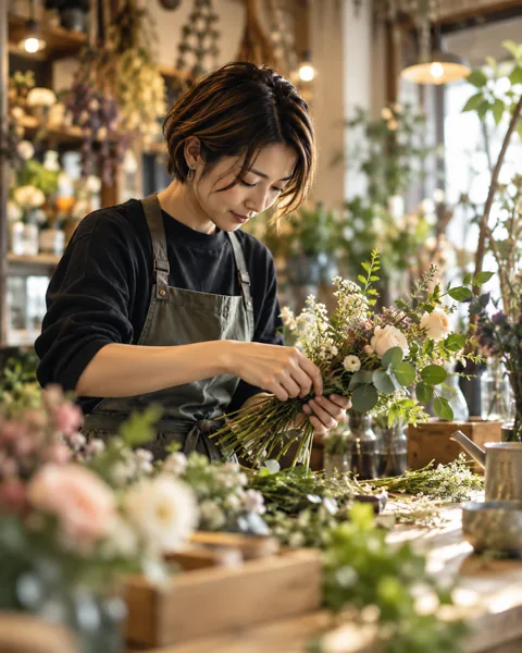 花を一本ずつ選び、束ねるフローリスト