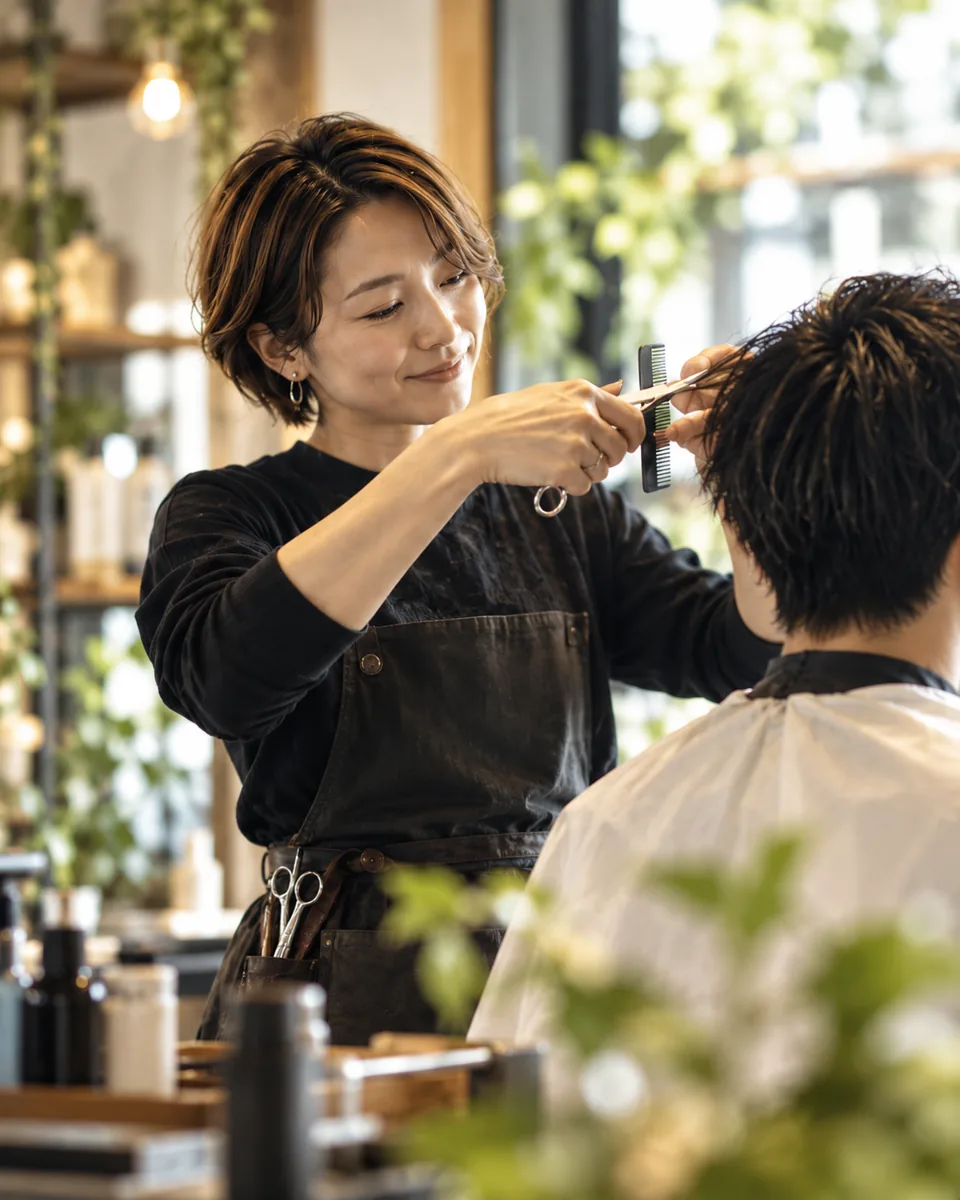 お客様の髪を丁寧に整える女性美容師